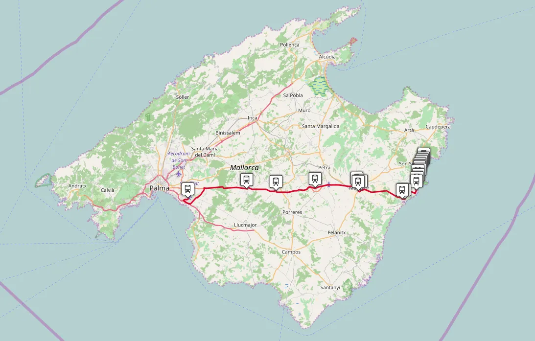 Mapa de Mallorca con el recorrido de la línea A42 en rojo y sus paradas